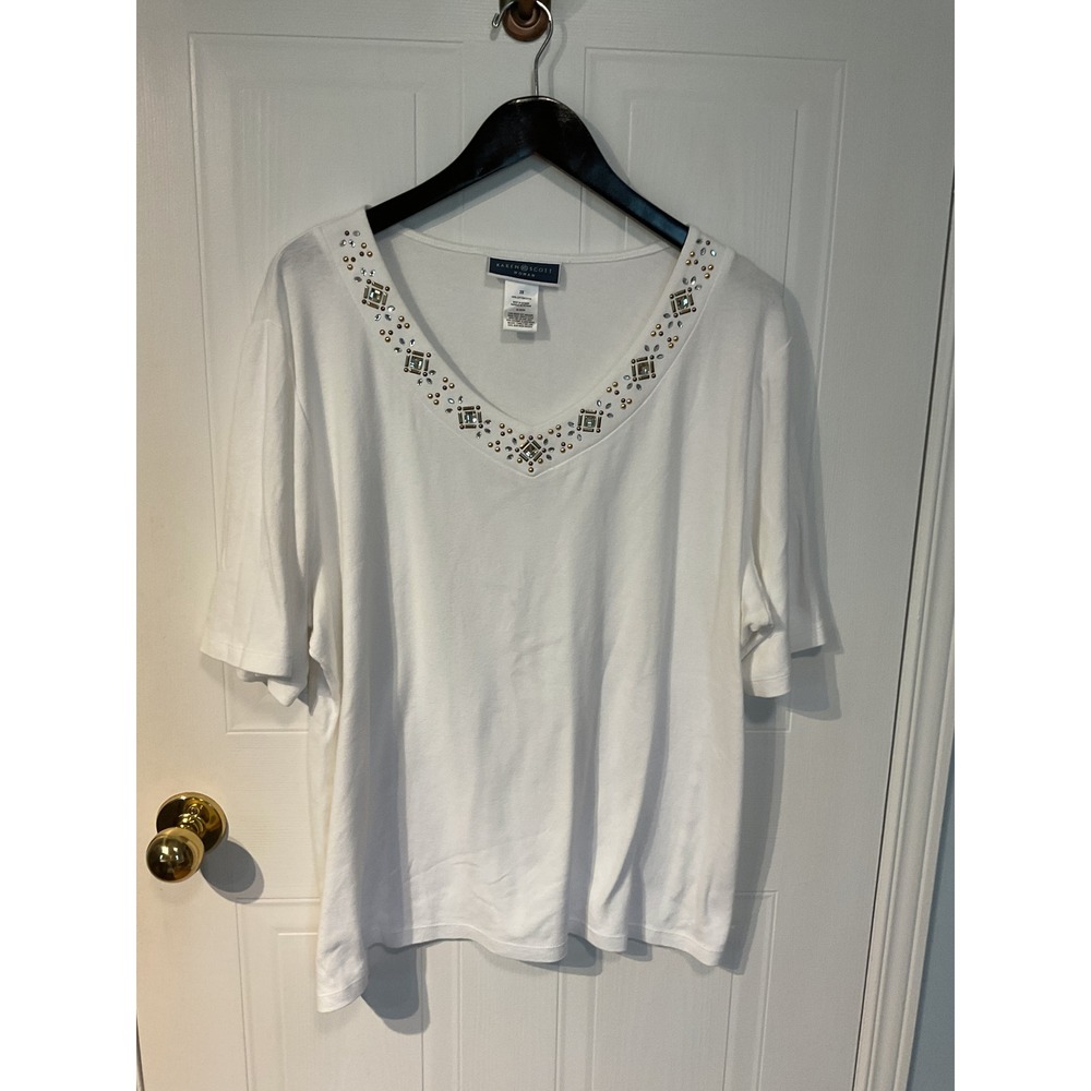 Karen Scott Embellished Top Woman 2X White Excellent Rhinestone V-Neck Cotton